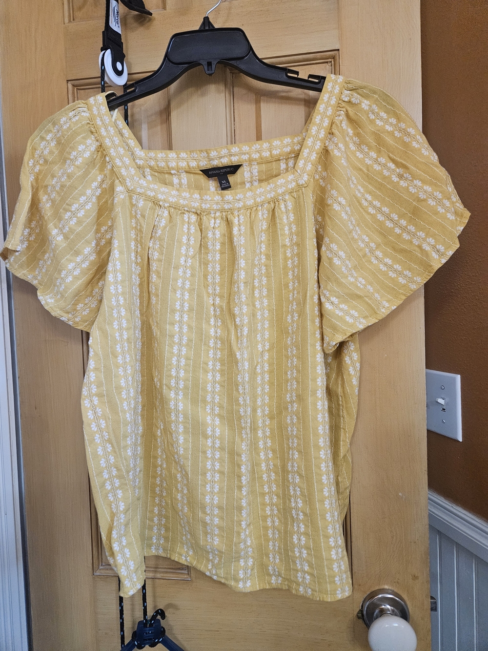 Banana Republic Yellow Embroidered Square-Neck Blouse